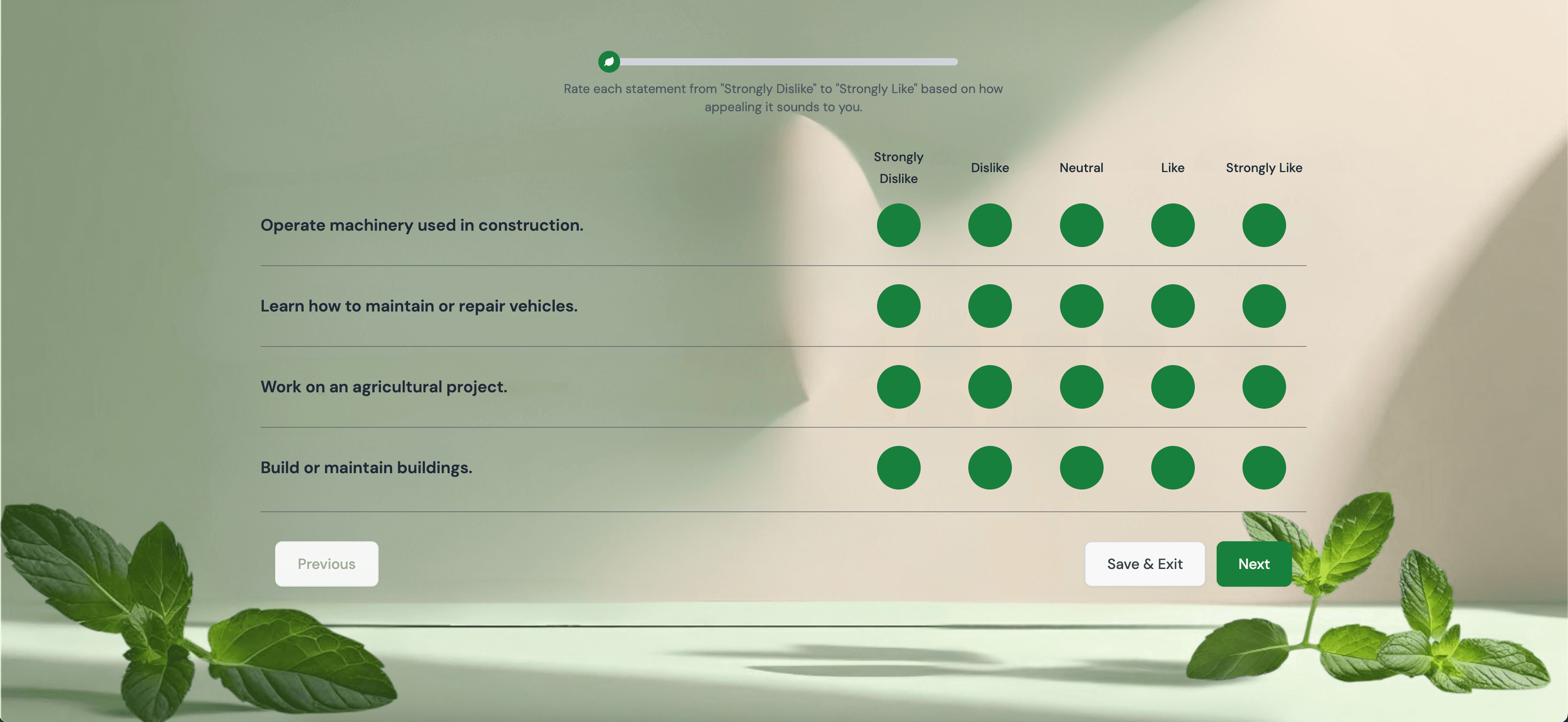A page of the Mint Minds assessment, with activities rated from Strongly Dislike to Strongly Like
