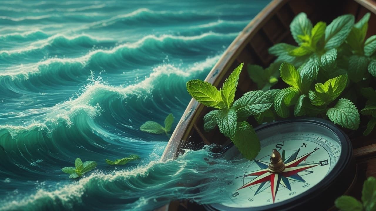 Mint leaves and a compass in a wooden boat on stormy turquoise waves