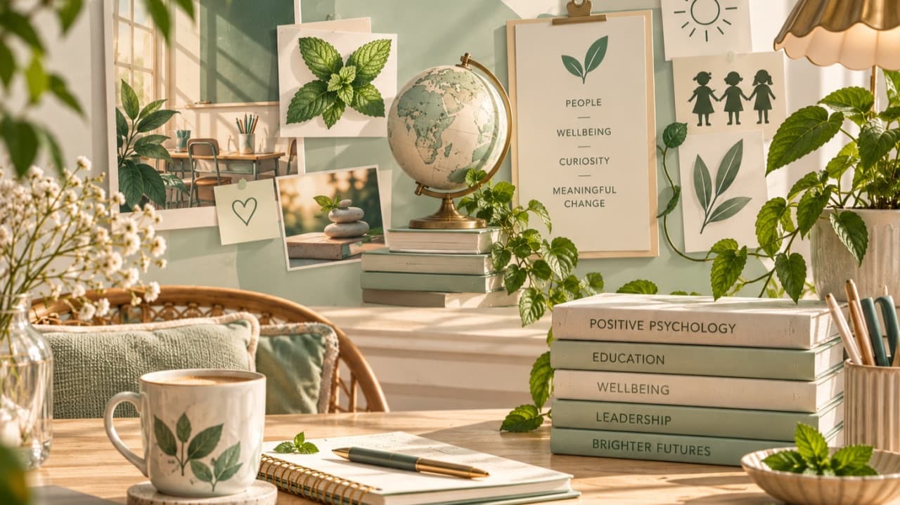 A sunlit desk with a cup of tea, a notebook and books on positive psychology, wellbeing and leadership