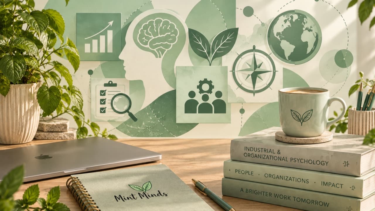 A desk with a Mint Minds notebook and books on industrial and organizational psychology