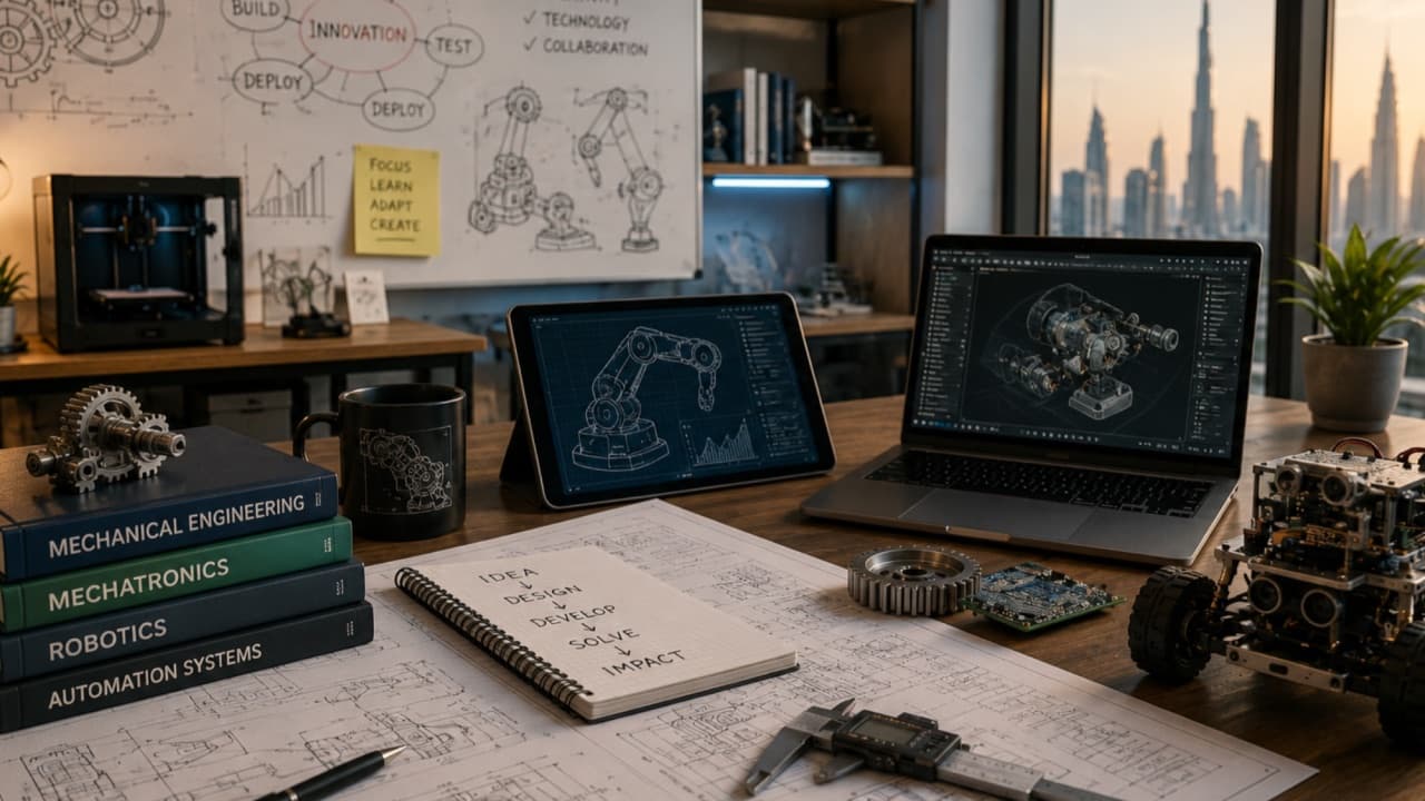 An engineer's desk with robotics sketches, a robotic arm on a tablet and laptop, and the Dubai skyline outside