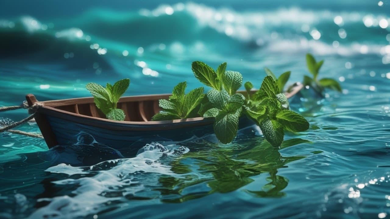 A small wooden boat carrying mint leaves across turquoise water