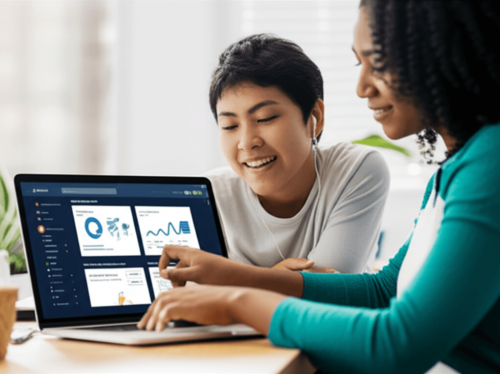 Two people looking at career guidance results on a laptop